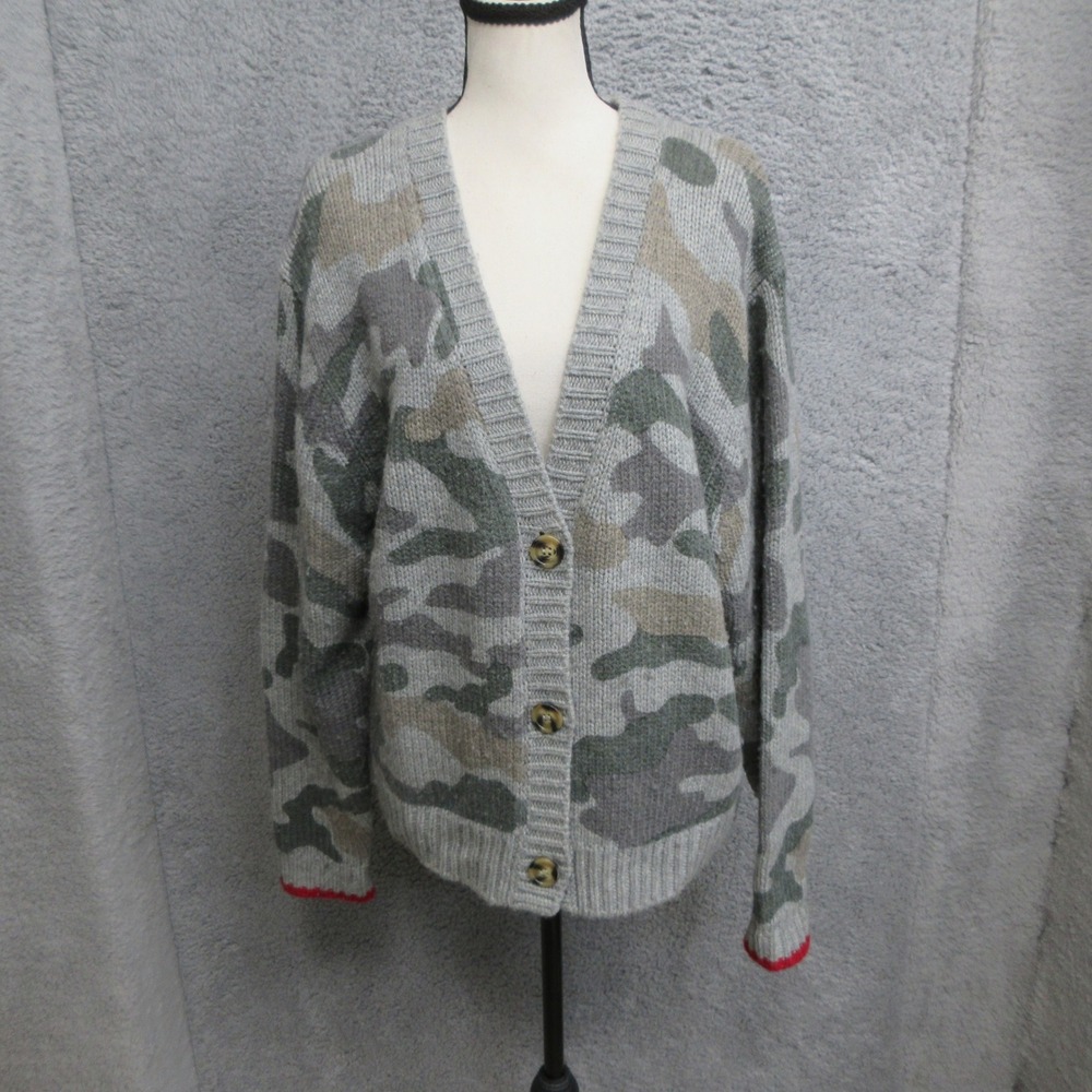 Sundry Y2K Camo Cardigan Women L Grey Camouflage Knit Streetwear Lounge Utility